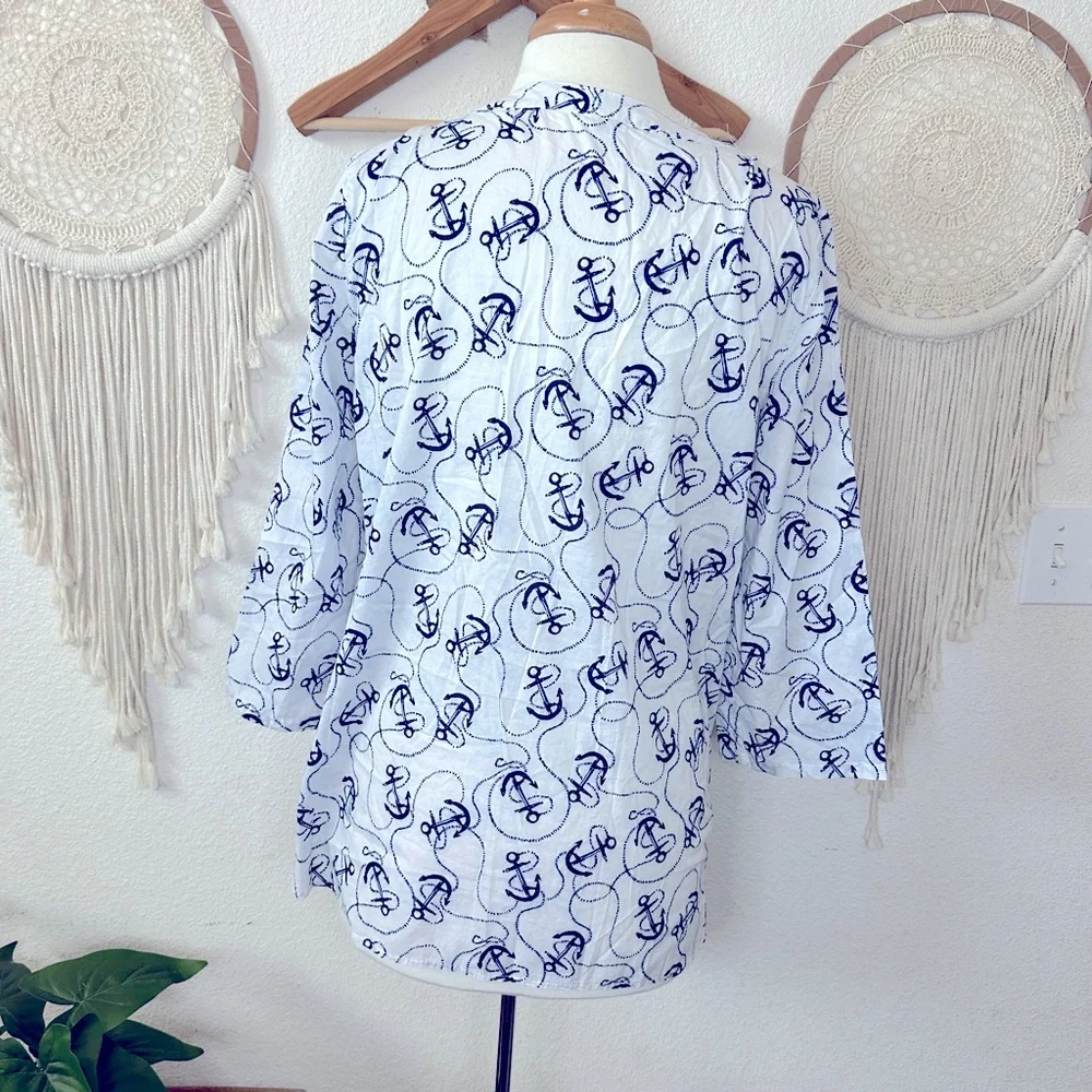 Talbots blue and white anchor novelty print cotton tunic top medium